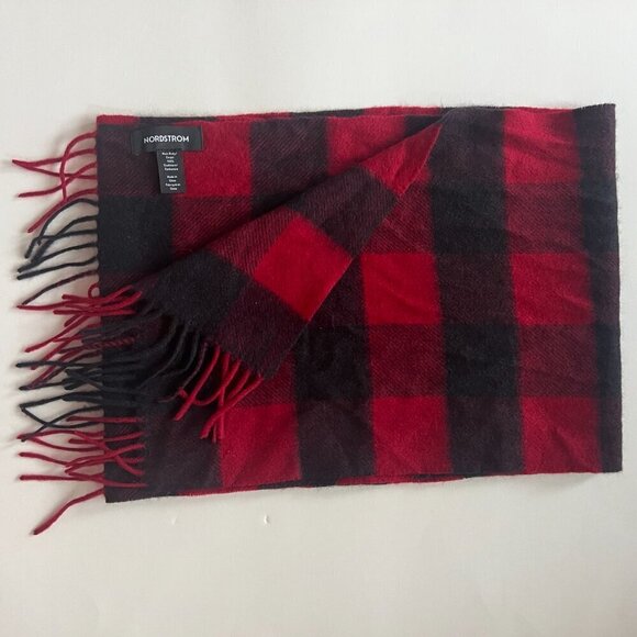 Nordstrom Cashmere Fringe Scarf Red Black Buffalo Check NWOT - Picture 2 of 4